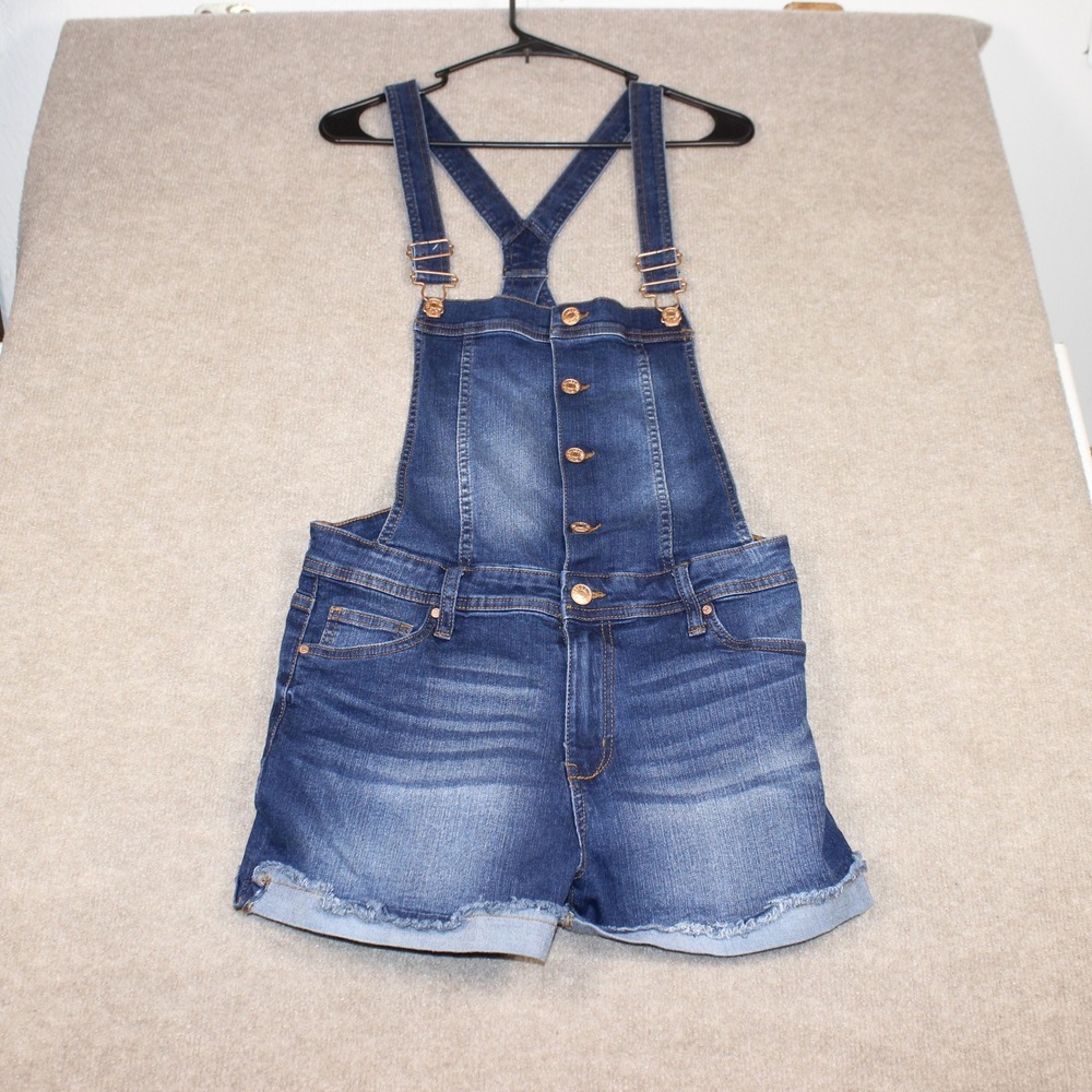 Celebrity Pink Denim Shortalls Medium Wash Frayed Hem Button Front Overalls L